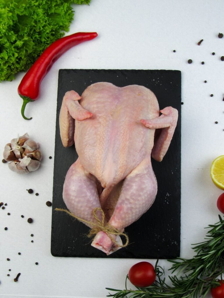 Overhead shot of a whole raw chicken